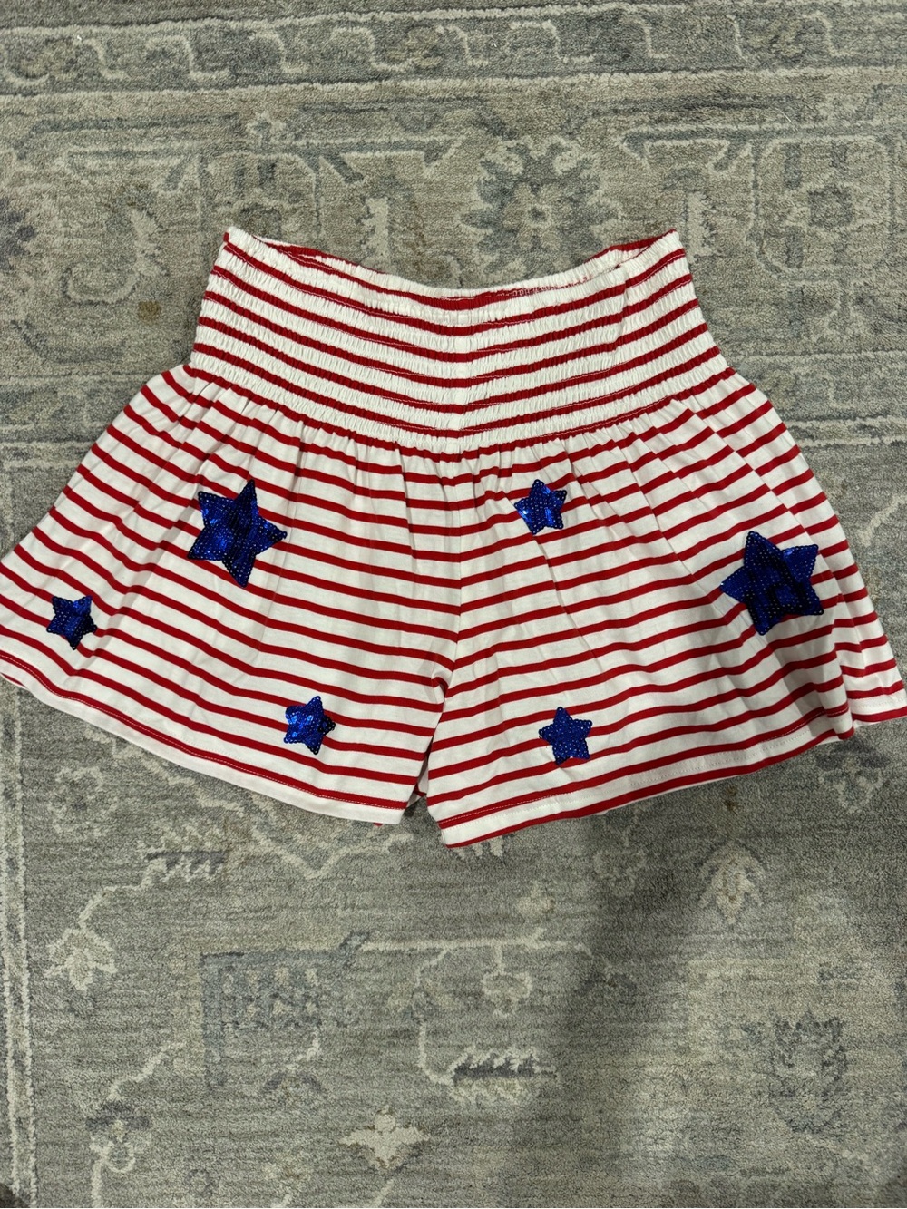 High-Waist Red & White Striped Women's Shorts with Blue Star Accents